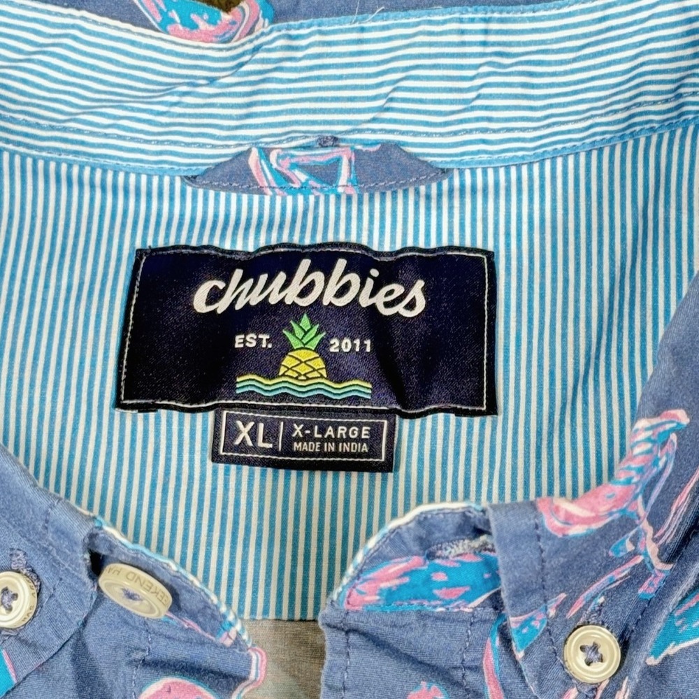 Chubbies Mingos Flamingo Short Sleeve Button Down Shirt Mens XL Cotton Blue Pink - Picture 2 of 11